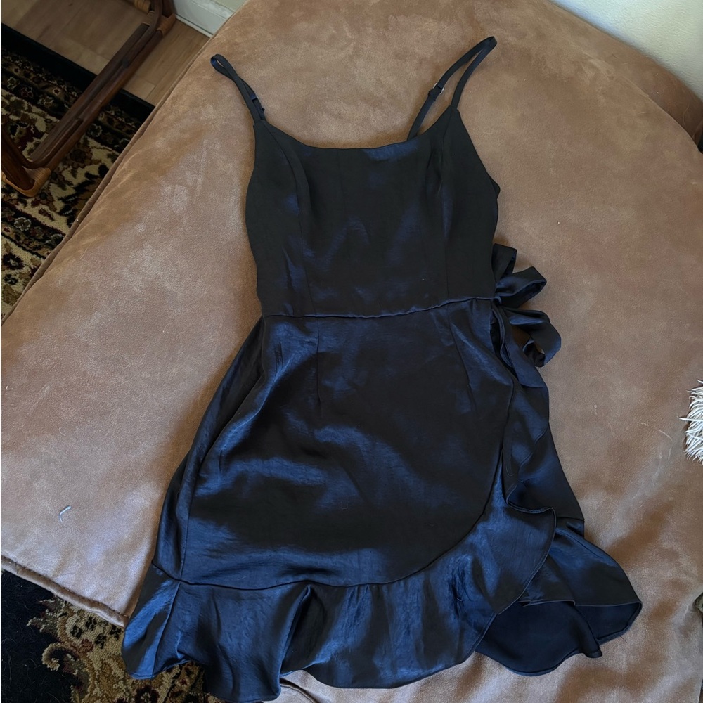 wild fable Black Satin Ruffle Wrap Mini Dress
